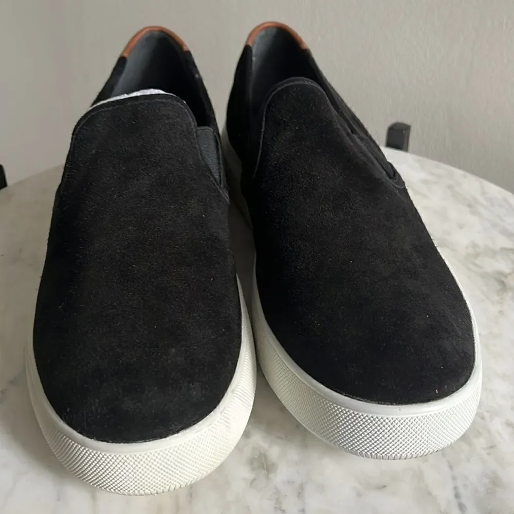 Vince Suede Slip On Sneakers in Black with brown leather accent on heel, 12
